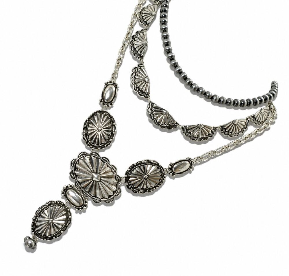 Western Concho Triple Strand 3 in 1 Necklace Silver tone Coastal Cowgirl